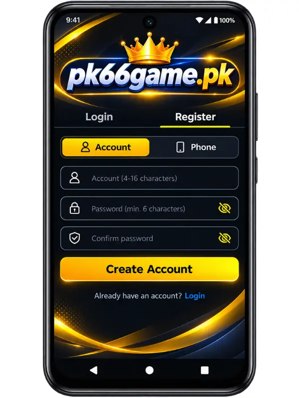 PK66 Game registration page displayed on an Android mobile phone