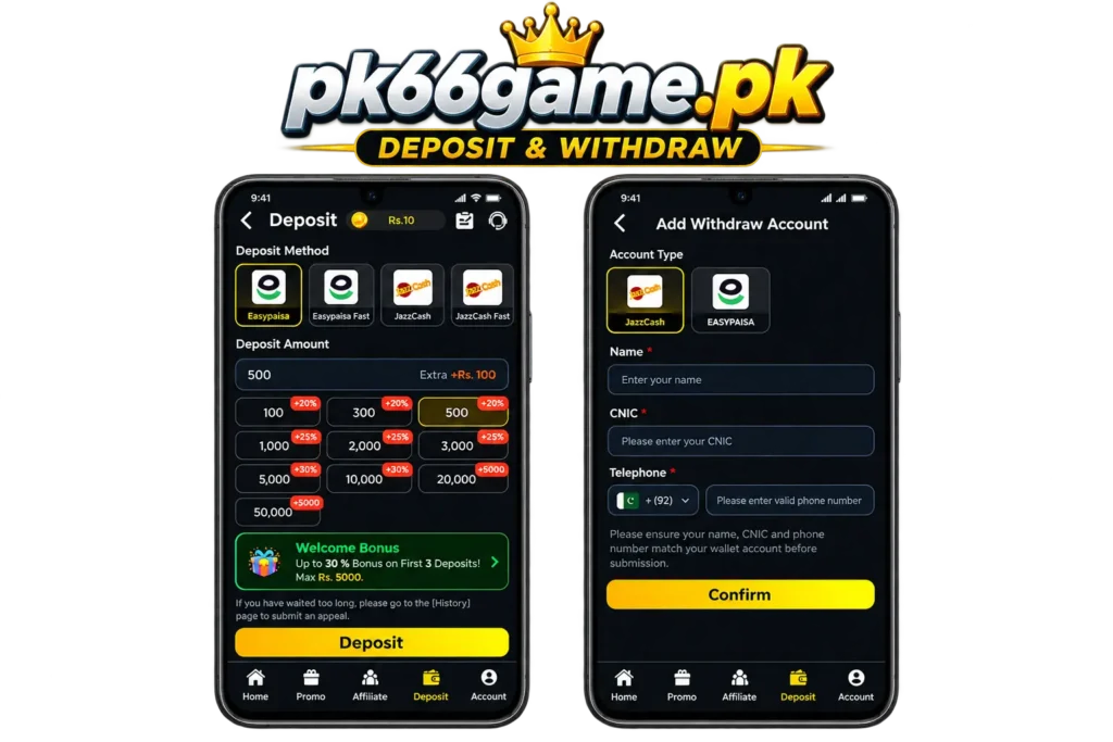 PK66Game.pk deposit and withdrawal page with Easypaisa and JazzCash