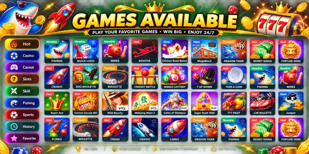 PK66 Game available games including casino, slots, fishing and sports
